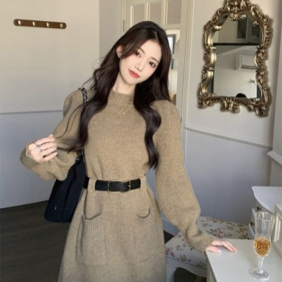 ID:810 - Temperament knitted dress women's autumn new style waist slimming design half-length sweater skirt