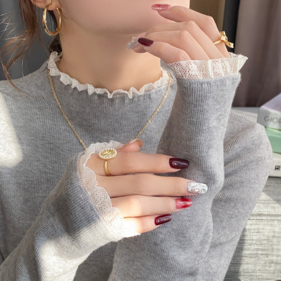 ID:818 - Lace knitted bottoming shirt women's autumn and winter inner wear unique and unique top half turtleneck sweater