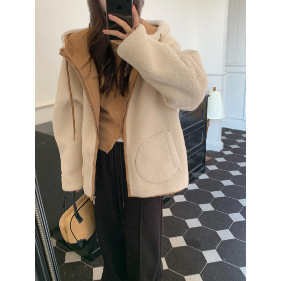 ID:819 - Soft sherpa cold-proof hooded coat for women Korean style loose thickened imitation fur all-in-one coat
