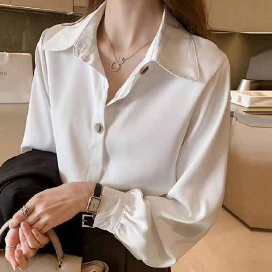 ID:822 - White chiffon shirt for women spring and autumn new design niche loose and versatile long-sleeved professional shirt